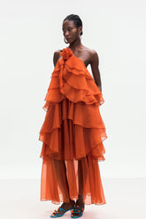 Ailish Sırtı Açık Çiçekli Uzun Turuncu Elbise